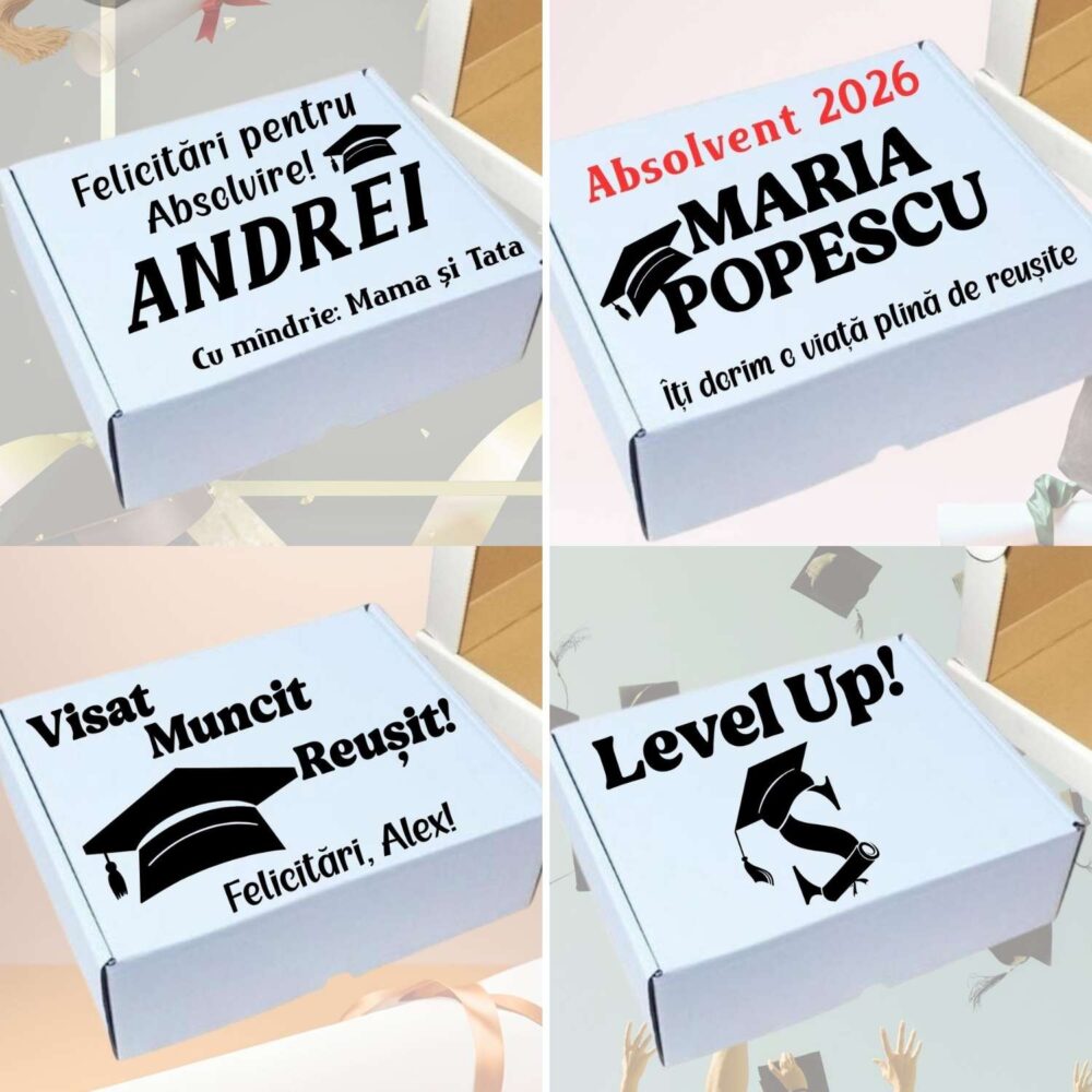 Cutie cadou personalizată pentru absolvire – modele disponibile cu nume și mesaj