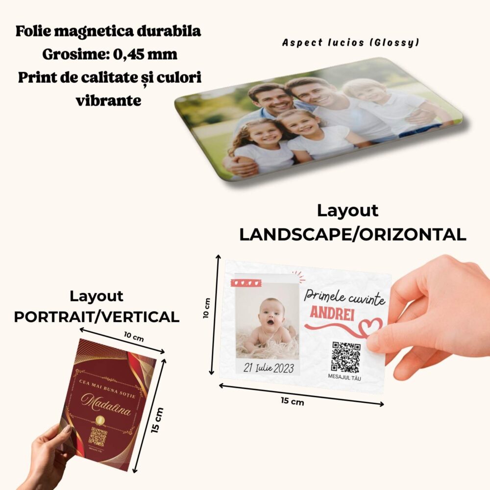 Detalii tehnice magnet personalizat QR 10x15 – folie magnetică 0,45 mm, print premium, orientare vertical/orizontal