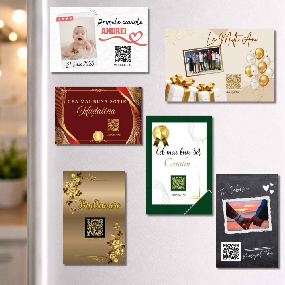 Magnet personalizat 10x15 cu mesaj vocal și cod QR – 6 modele pe frigider