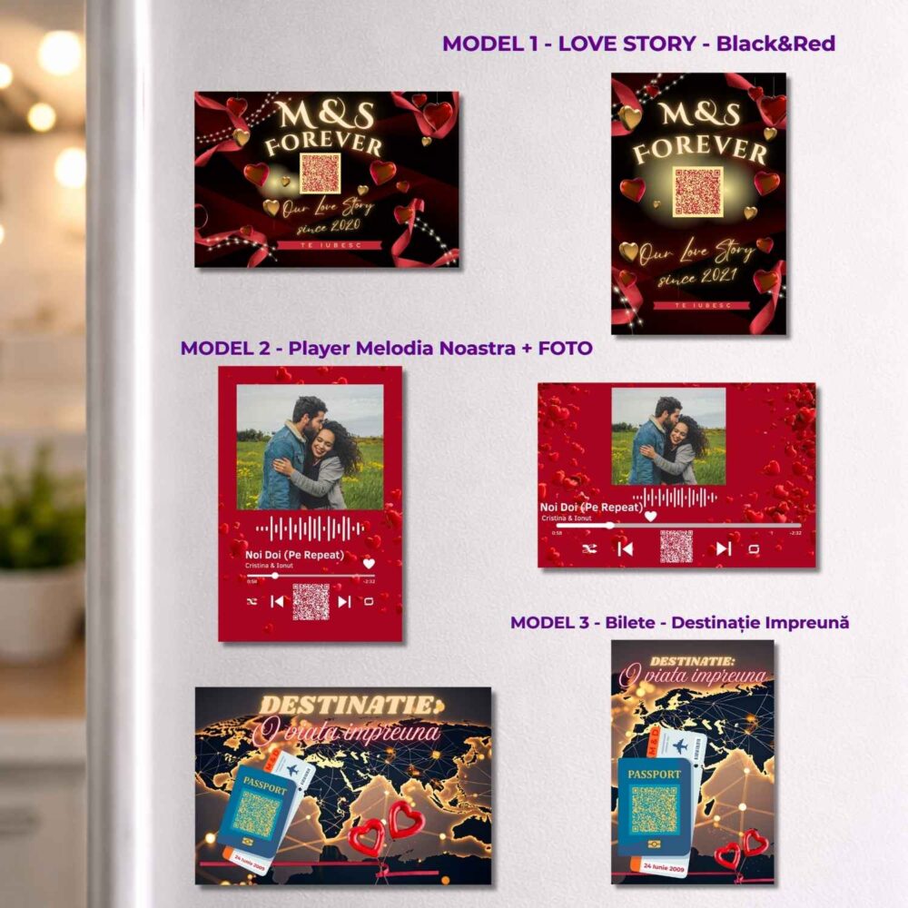 Modele magnet personalziat romantic cu QR 10x15 – Love Story, Melodia noastră, Destinație împreună