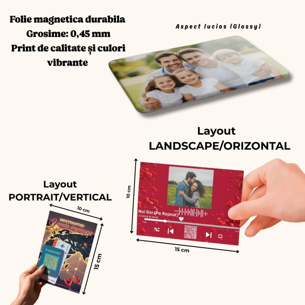 Detalii tehnice și specificații magnet personalizat cu cod QR pentru cupluri, iubiț, iubita, soț, soție - 10x15 – orientare vertical/orizontal, folie 0,45 mm, print premium