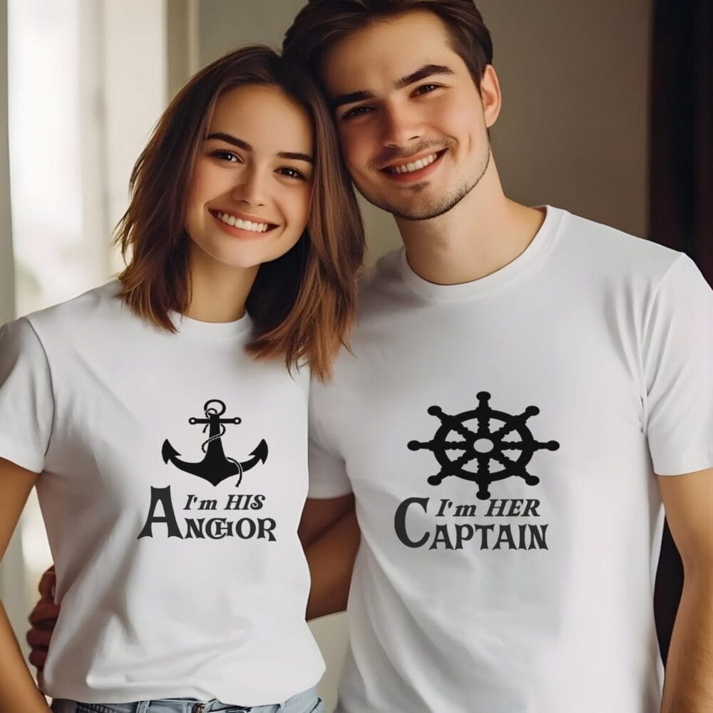Set tricouri de cuplu anchor captain, tricouri personalizate pentru iubit și iubită