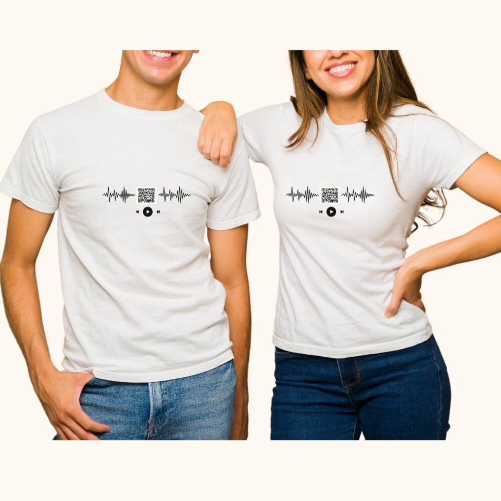 Set tricouri cuplu cu cod QR mesaj secret si soundwave, cadou valentines pentru iubit si iubita