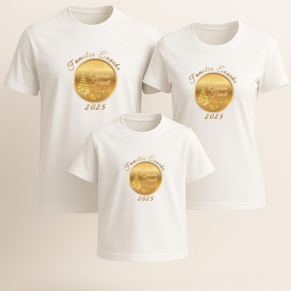 Set tricouri familie Crăciun elegant – medalion auriu, design premium, 3 tricouri personalizate pentru familie