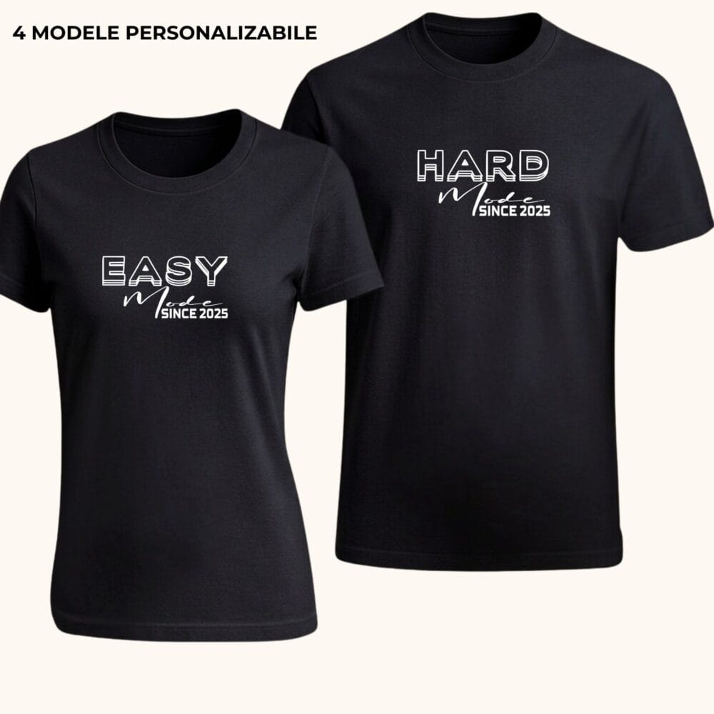 Tricouri cuplu amuzante negre personalizate cu model matching - Easy Mode și Hard Mode, cadou funny personalizat pentru iubit și iubită