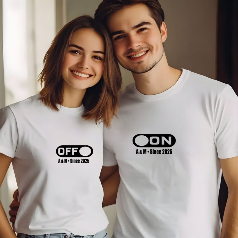 Tricouri cuplu albe ON și OFF personalizate, cadou amuzant și purtabil pentru iubit, iubită, Valentine’s Day sau Dragobete