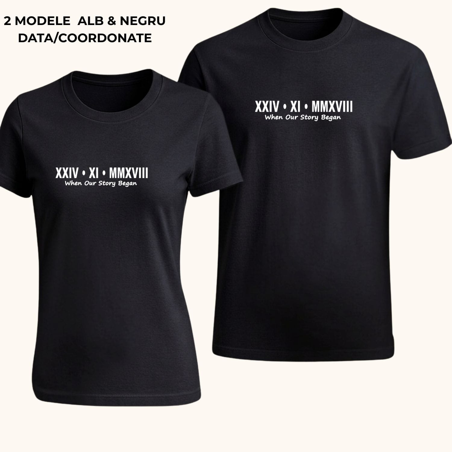 tricouri-cuplu-personalizate-data-coordonate-set-negru Tricouri cuplu personalizate cu dată în cifre romane și coordonate GPS, cadou romantic pentru aniversare relație. Set tricouri cuplu negre