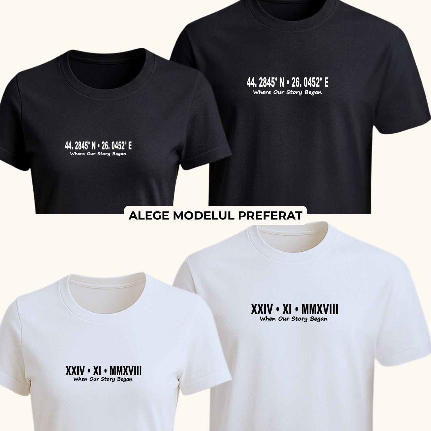 tricouri-cuplu-personalizate-modele-data-coordonate-alb-negru Tricouri cuplu personalizate alb și negru cu două modele, dată în cifre romane și coordonate GPS