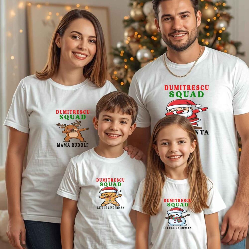 Tricouri matching pentru familie – Christmas Squad cu personaje haioase