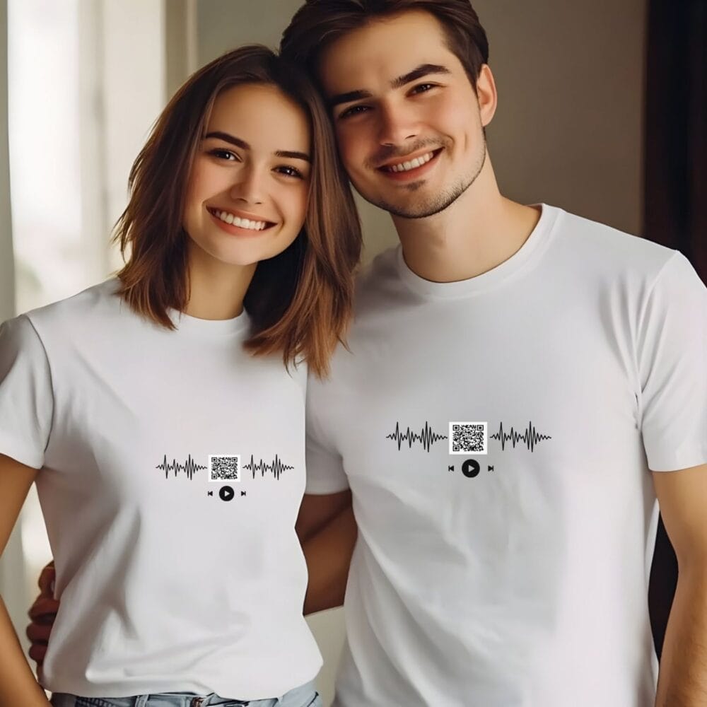 Tricouri pereche cuplu cu QR pentru mesaj audio, cadou romantic aniversare