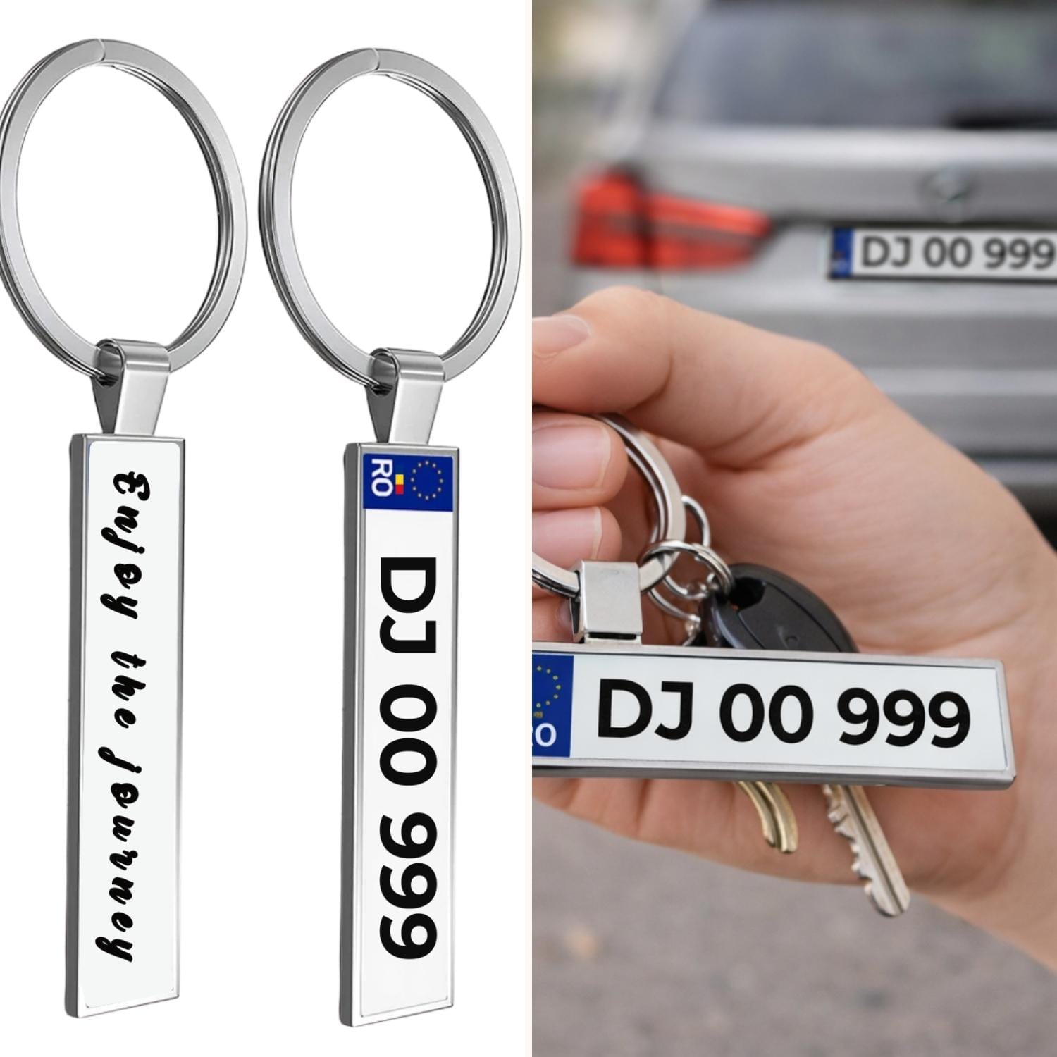 Breloc-auto-personalizat-cu-numar-de-inmatriculare-si-mesaj Breloc auto personalizat cu număr de înmatriculare și mesaj - Față/spate. Cadou util pentru orice ocazie