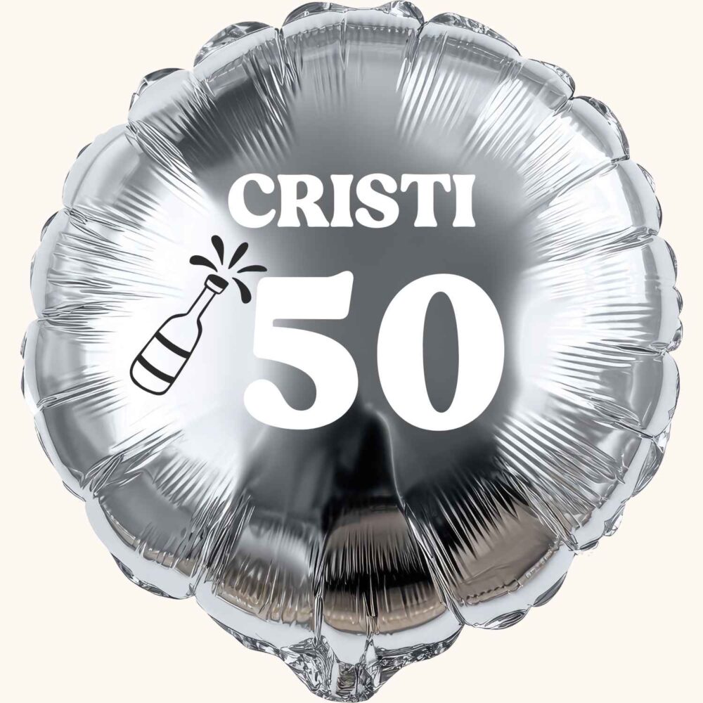 Balon argintiu personalizat cu nume și vârstă – Cristi 50 ani (45 cm)