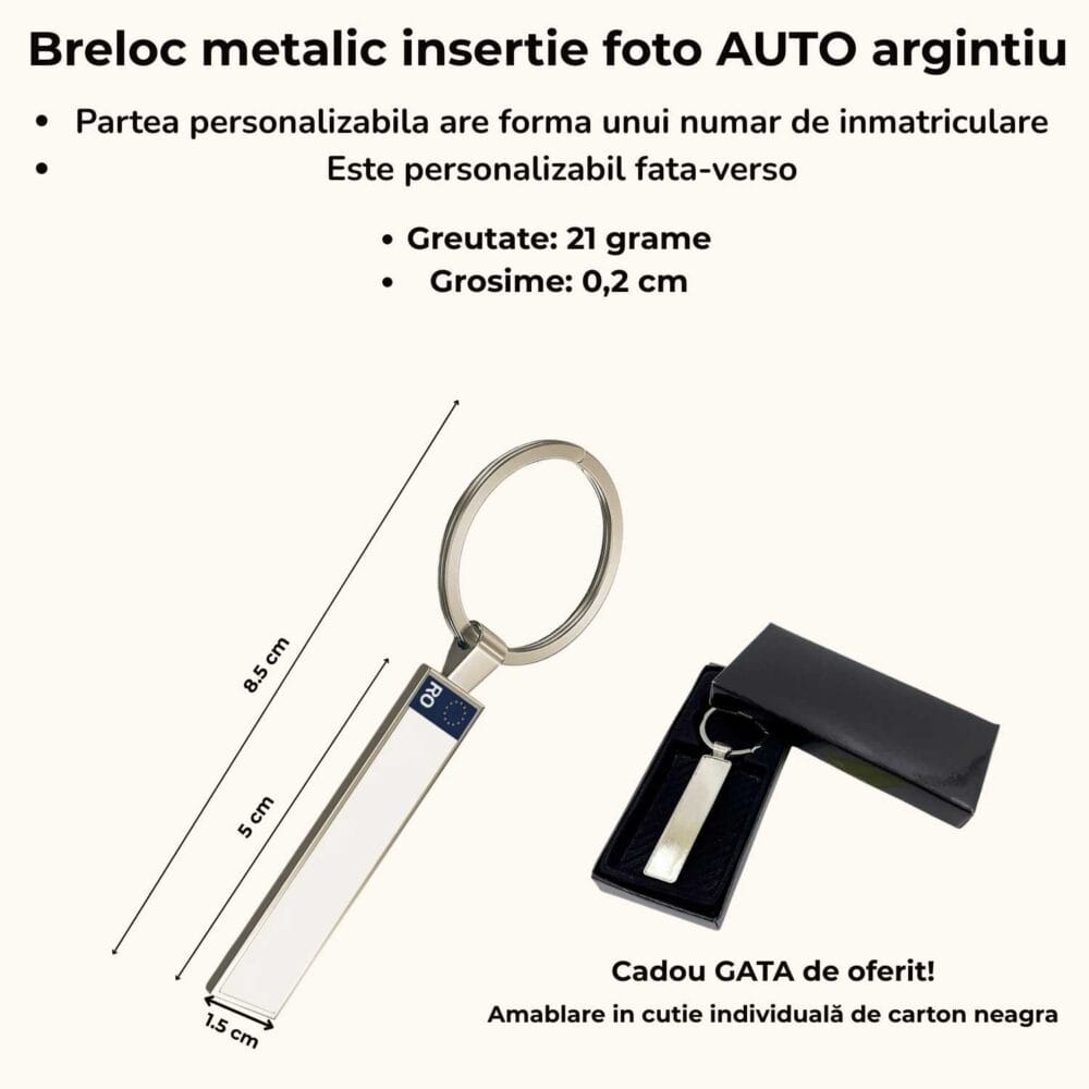 Breloc metalic auto argintiu – Specificații , dimensiuni produs și ambalare în cutie neagră