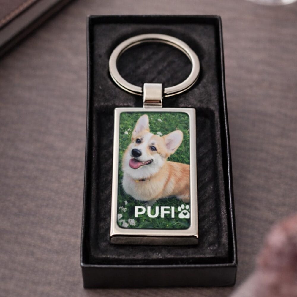 Breloc personalizat cu poza animal de companie și text scurt, breloc metalic dreptunghiular cu chei