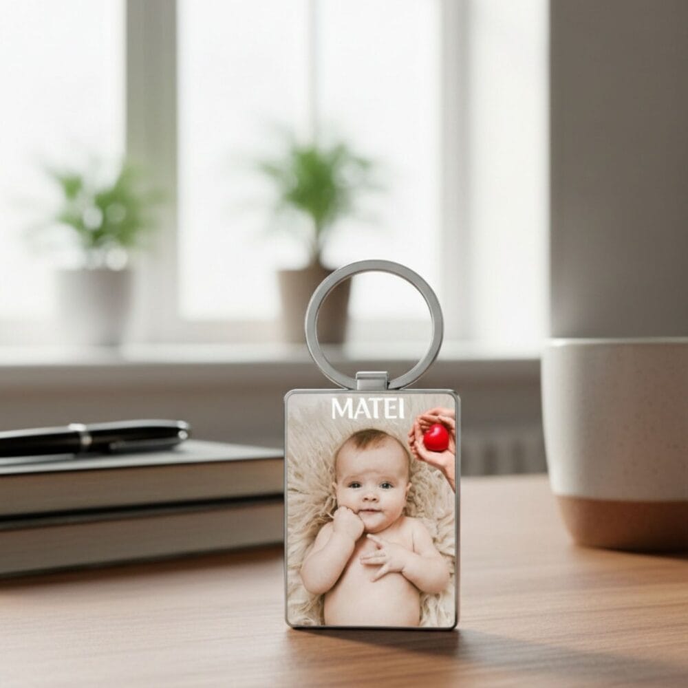 Breloc metalic personalizat cu fotografie, ambalat în cutie neagră – cadou premium