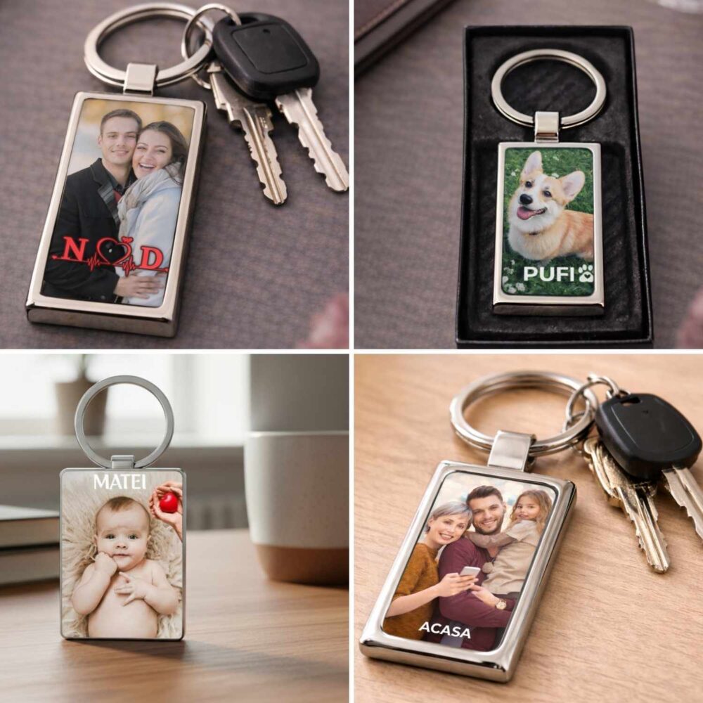 Breloc personalizat cu poză metalic dreptunghiular, ținut în mână, cu chei – exemplu foto cadou - 4 modele