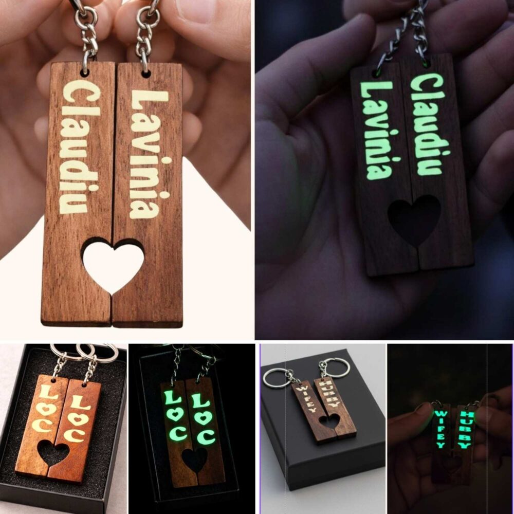 Set 2 brelocuri personalizate din lemn de nuc, glow in the dark, 3 modele cu nume sau initiale – zi/noapte