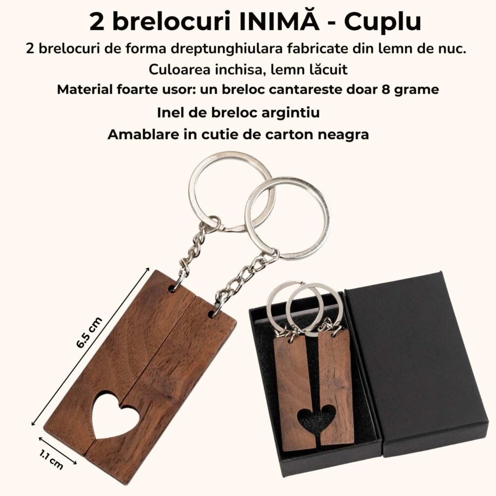 Dimensiuni și ambalare set 2 brelocuri personalizate din lemn pentru cupluri, – cutie carton neagră