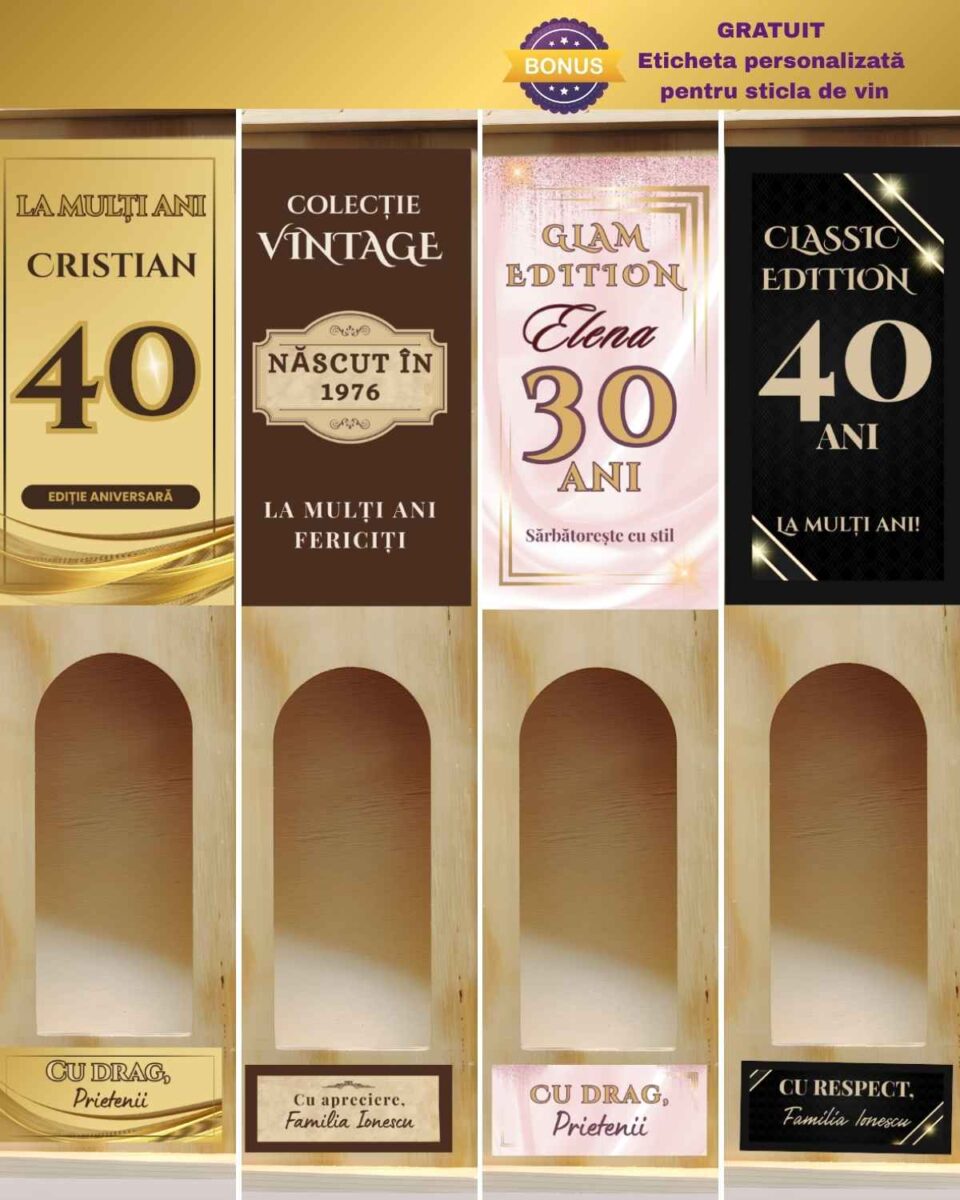 Cutii de vin personalizate din lemn. Mesaj la alegere, personalizare pe placute de aluminiu, cadou premium elegant pentru zile de naștere, aniversări, onomastice, evenimente, petreceri.