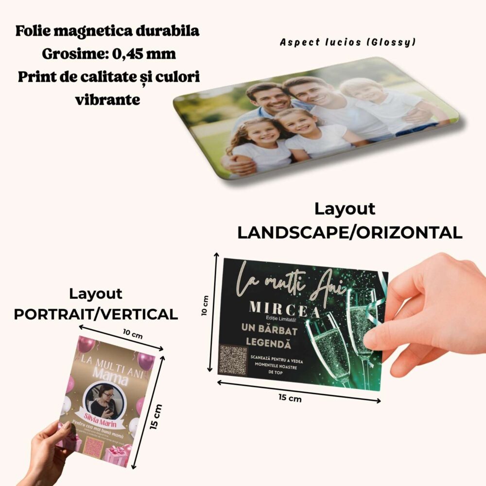 Detalii tehnice și specificații magnet personalizat cu cod QR pentru zi de naștere - La multi ani elegant - 10x15 – orientare vertical/orizontal, folie 0,45 mm, print premium