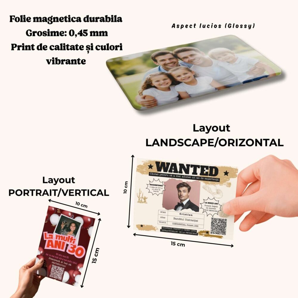 Detalii tehnice și specificații magnet personalizat cu cod QR 10x15 – orientare vertical/orizontal, folie 0,45 mm, print premium
