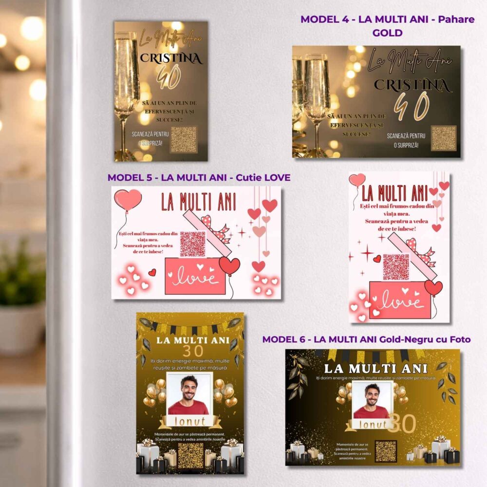 Magnet personalizat la mulți ani elegant cu QR 10x15 – modele pahare gold și model cutie LOVE cu nume și vârstă