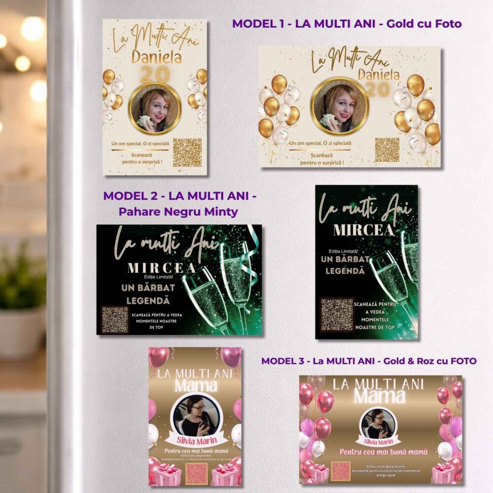 Modele magnet personalizat QR 10x15 pentru zi de naștere – urări elegante gold și negru. La mulți ani cu nume și vârstă