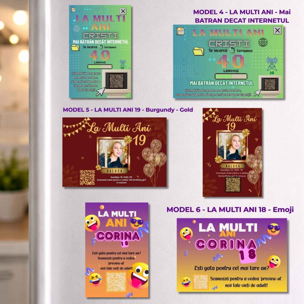 Modele magnet personalizat la mulți ani amuzant cu cod QR, poză și mesaj 10x15 – 3 modele Mai batran decat internetul, la multi ani 19, și emoji pentru 18 ani