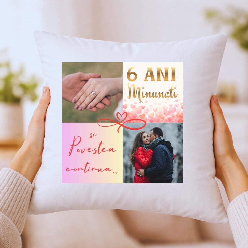 Perna aniversare 40x40 personalizata cu 2 poze si mesaj “ani impreuna” – cadou pentru cuplu