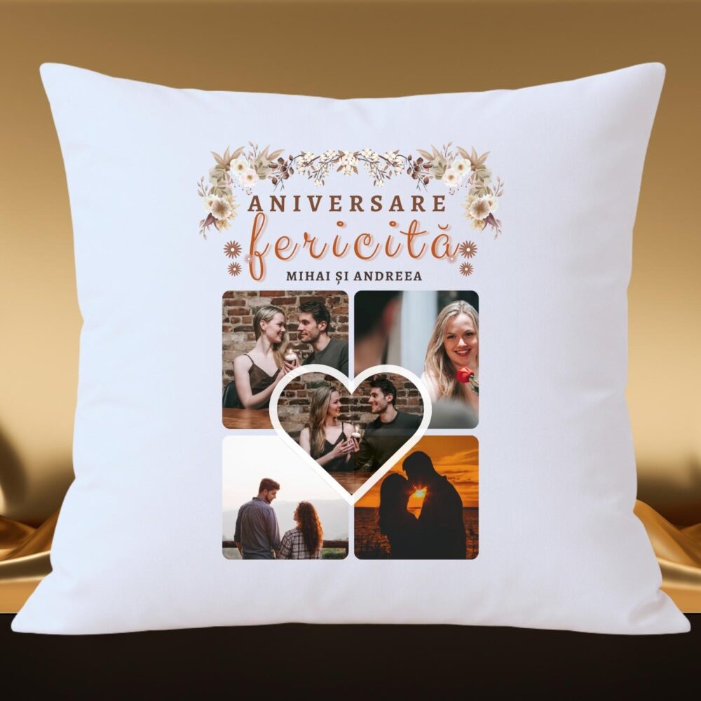 Perna personalizata aniversare fericita cu colaj 5 foto 40x40 – cadou aniversare casatorie