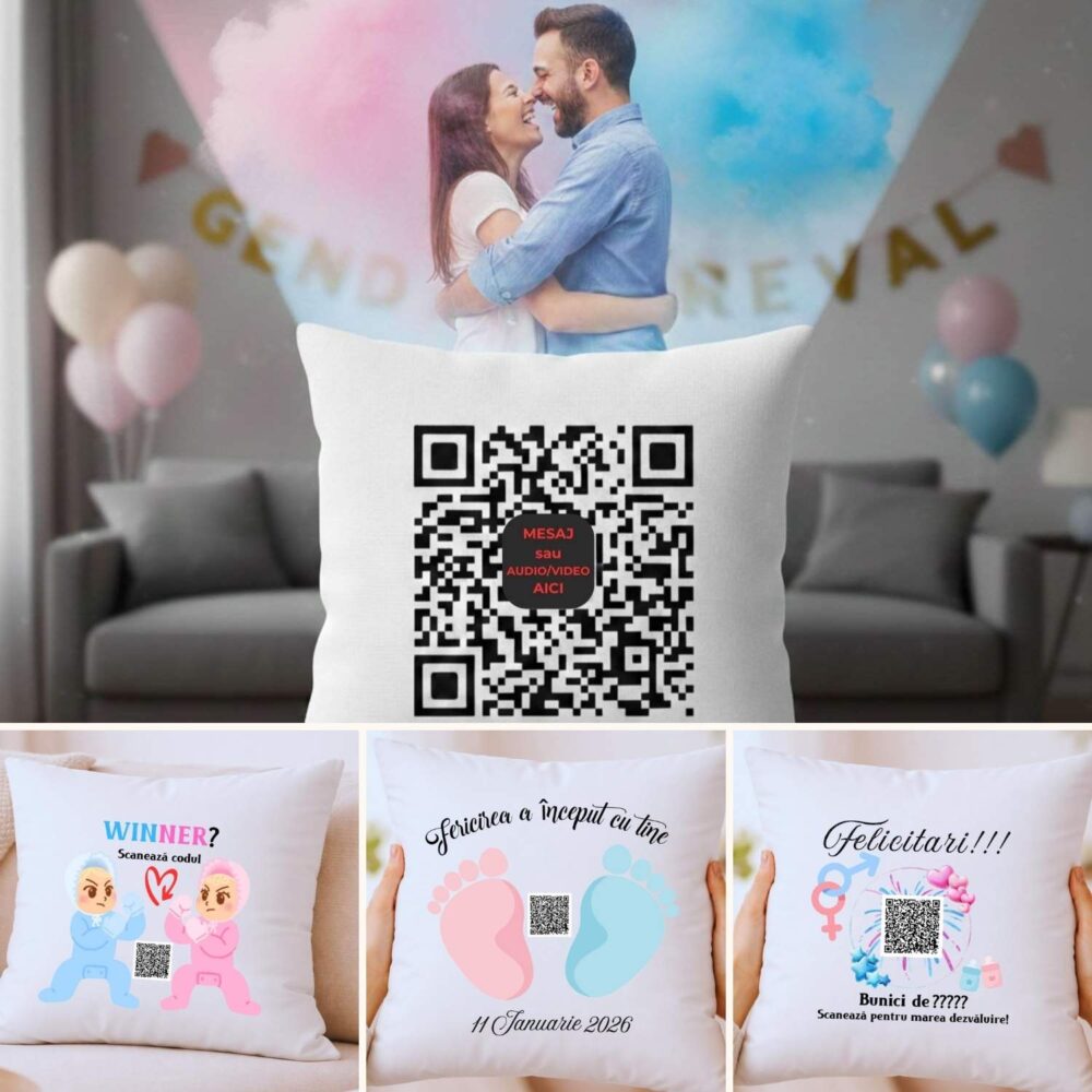 Pernă Gender Reveal personalizată cu cod QR - Colaj 3 modele pentru mesaj video sau vocal. amintire unică.