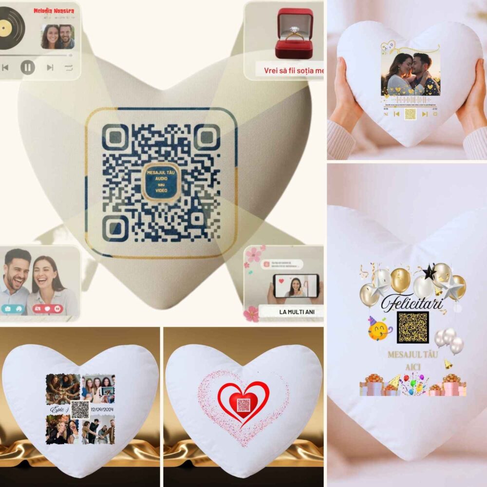 Pernă inimă personalizată cu cod QR pentru mesaj vocal sau video. Mockup design cu 4 modele și idei de cadou