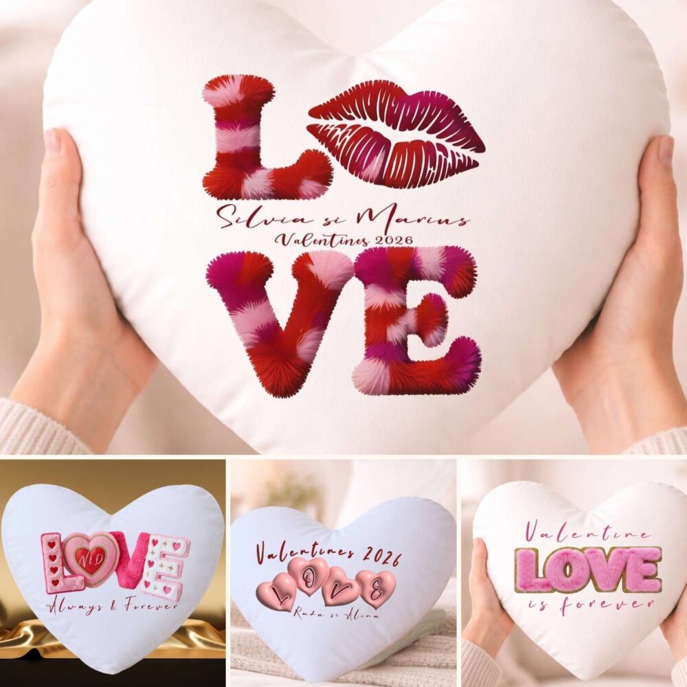Pernă inimă personalizată LOVE – 4 modele. Cadou cu nume, inițiale sau mesaj