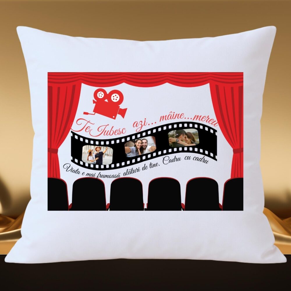 Pernă personalizată pătrată cu fotografie – model Cinema-ul Iubirii