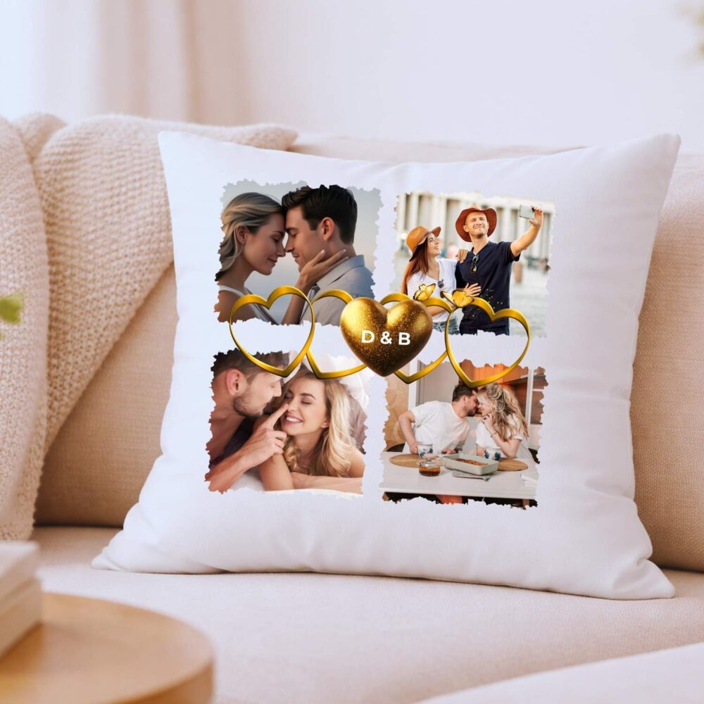 Pernă personalizată pătrată cu colaj foto și inițiale cuplu