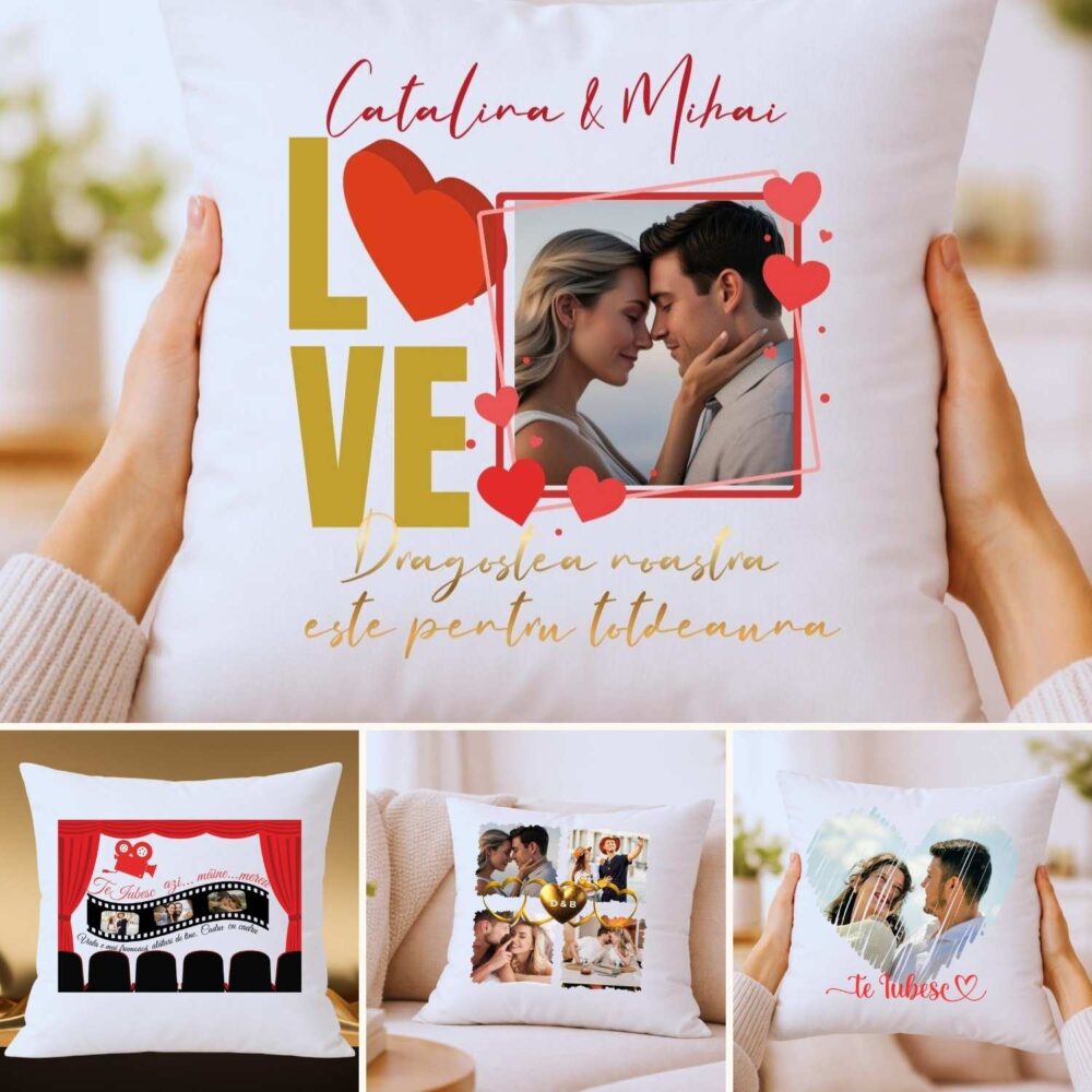 Pernă personalizată pătrată 40x40 cu fotografie și mesaj – 4 modele romantice pentru cupluri, aniversări și căsătorie