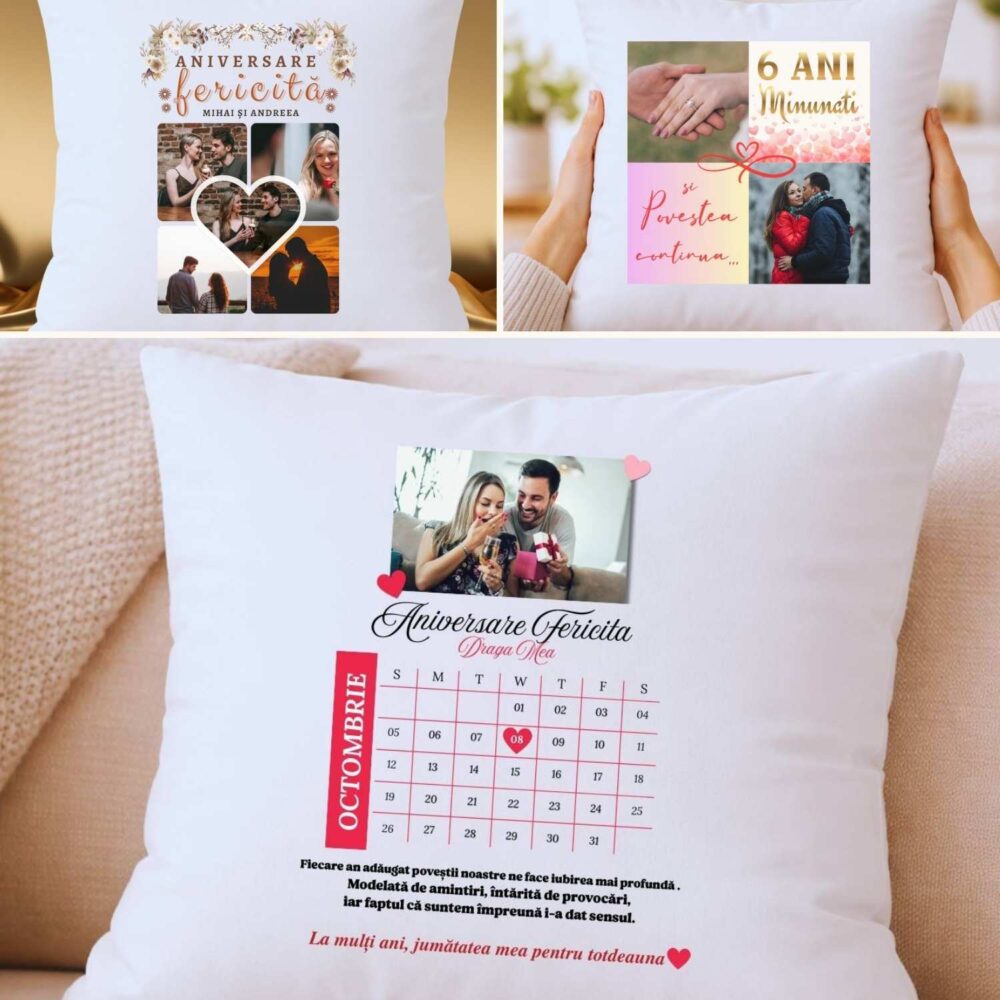 Perna personalizata aniversare 40x40 cu poza si mesaj – 3 modele disponibile, cadou relație, cuplu, căsătorie