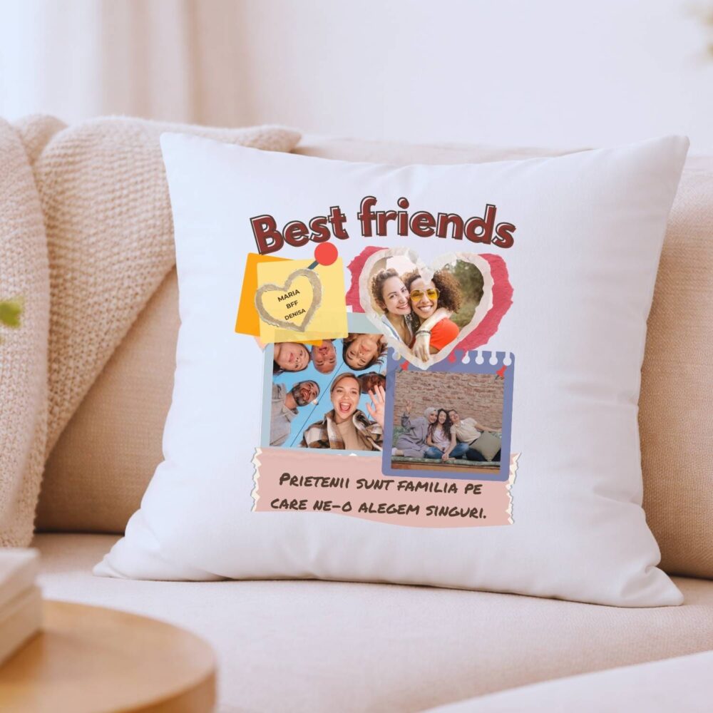 Pernă personalizată Best friends 40x40 cu colaj de 3 poze și mesaj pentru prietena cea mai bună