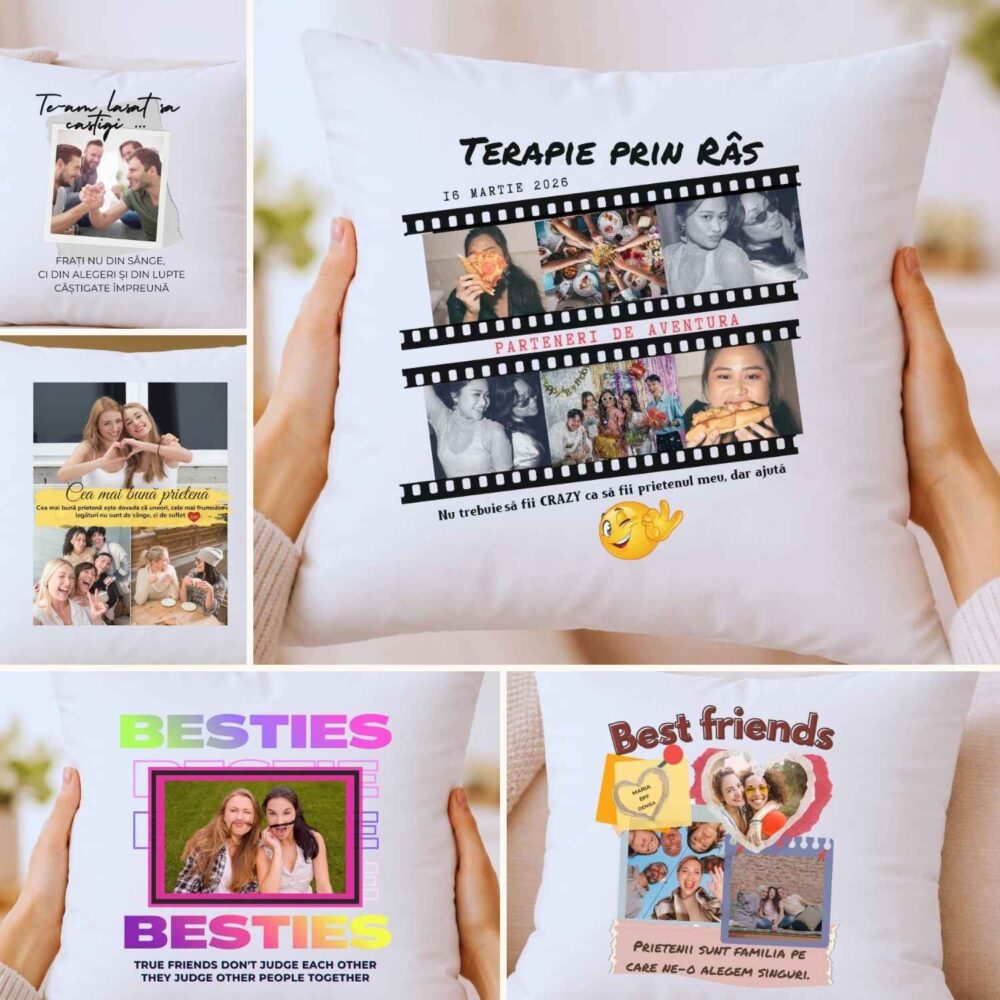 Pernă personalizată prieteni cu poze și mesaj. 40x40 – 5 modele cadou pentru best friends