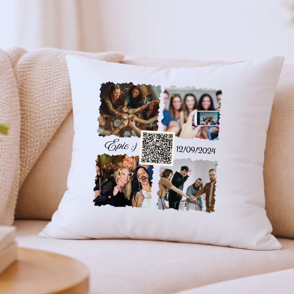 Pernă personalizată 40x40 cu cod QR și colaj de 4 fotografii – design modern pentru amintiri audio/video