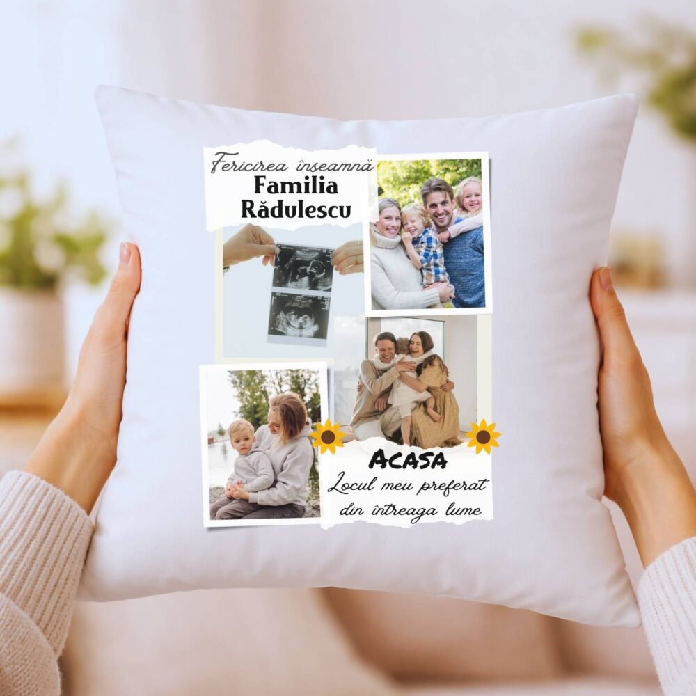 Perna personalizata familie cu colaj foto si mesaj ACASA 40x40 – cadou familie, parinti sau bunici
