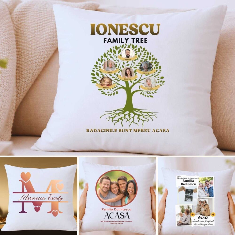 Pernă personalizată familie cu poze și mesaje. 4 modele de suflet, 40x40 cu nume de familie si poze – cadou emotionant