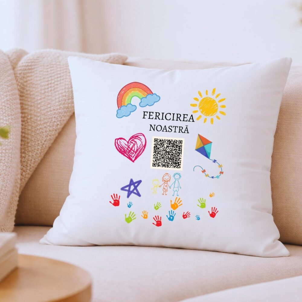 Pernă cu grafică de familie și cod QR pentru mesaj vocal sau video. Cadou personalizat pentru orice ocazie, decor cu amintiri, 40x40