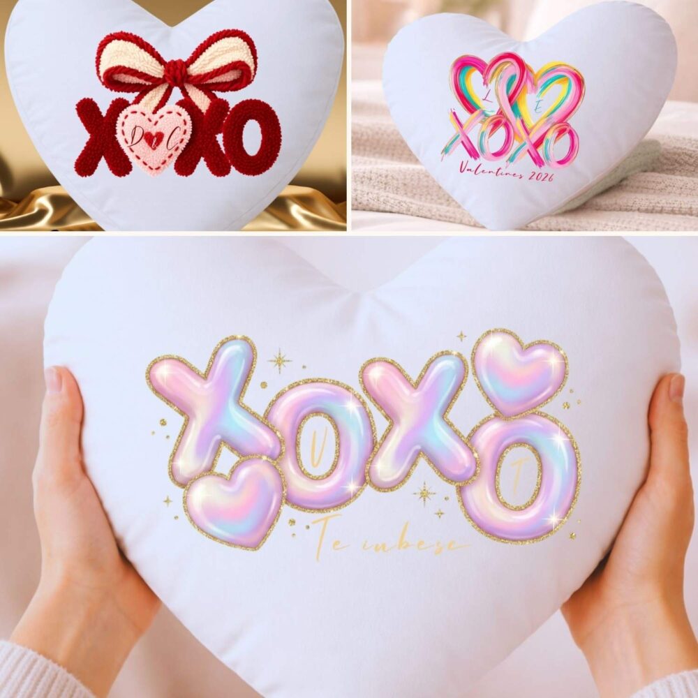 Pernă personalizată inimă XOXO cu nume sau mesaj – 3 modele disponibile