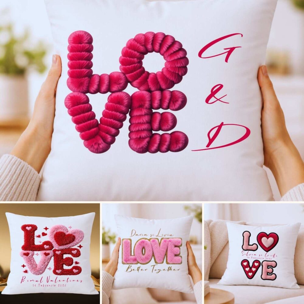 Pernă personalizată LOVE 40×40 – 4 modele romantice pentru cupluri, căsătorie, iubire .
