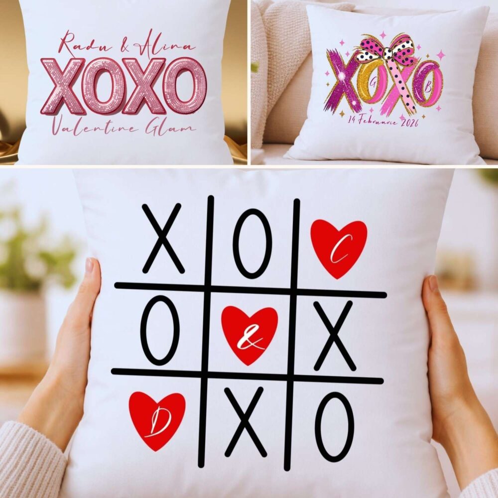 Pernă personalizată XOXO 40x40 cu inițiale și mesaj – modele disponibile