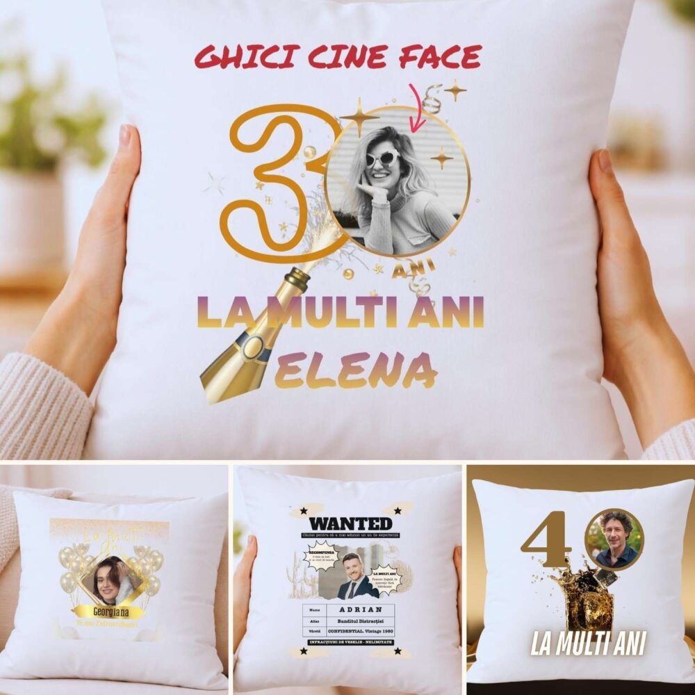Pernă personalizată zi de naștere cu poză și mesaj – 4 modele aniversare cu nume și vârstă
