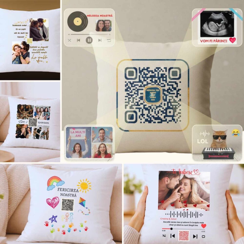 Pernă personalizată cu poză și cod QR pentru mesaj vocal sau audio, cadou cu emoție pentru orice ocazie. 4 modele unice. 40x40