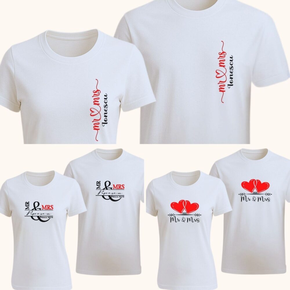 Tricouri cuplu Mr & Mrs personalizate – 3 modele disponibile