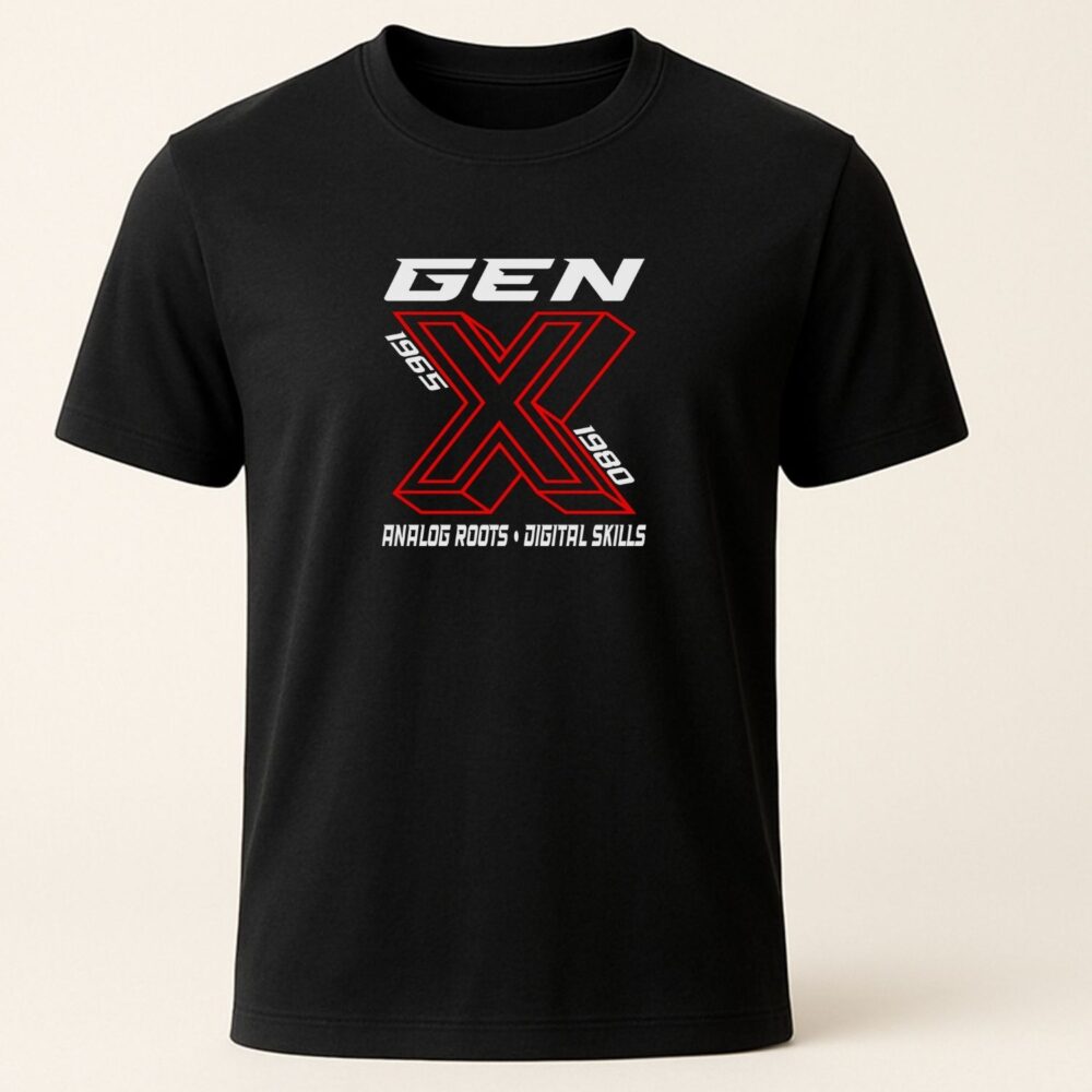 Tricou unisex Gen X negru personalizat cu design Gen X roșu, design statement pentru generația X